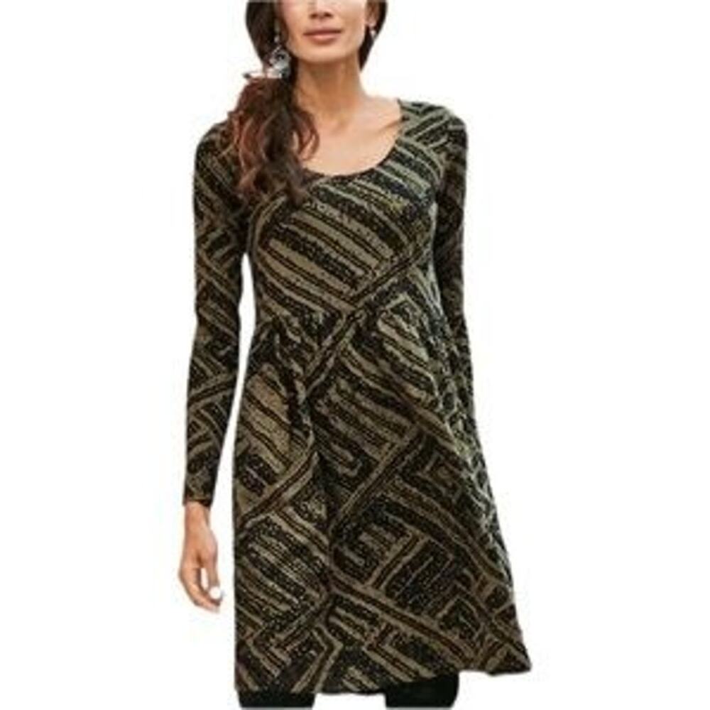 NWT Peruvian Connection Dress Womens XS Long Sleeve Pima Cotton Olive Blockprint